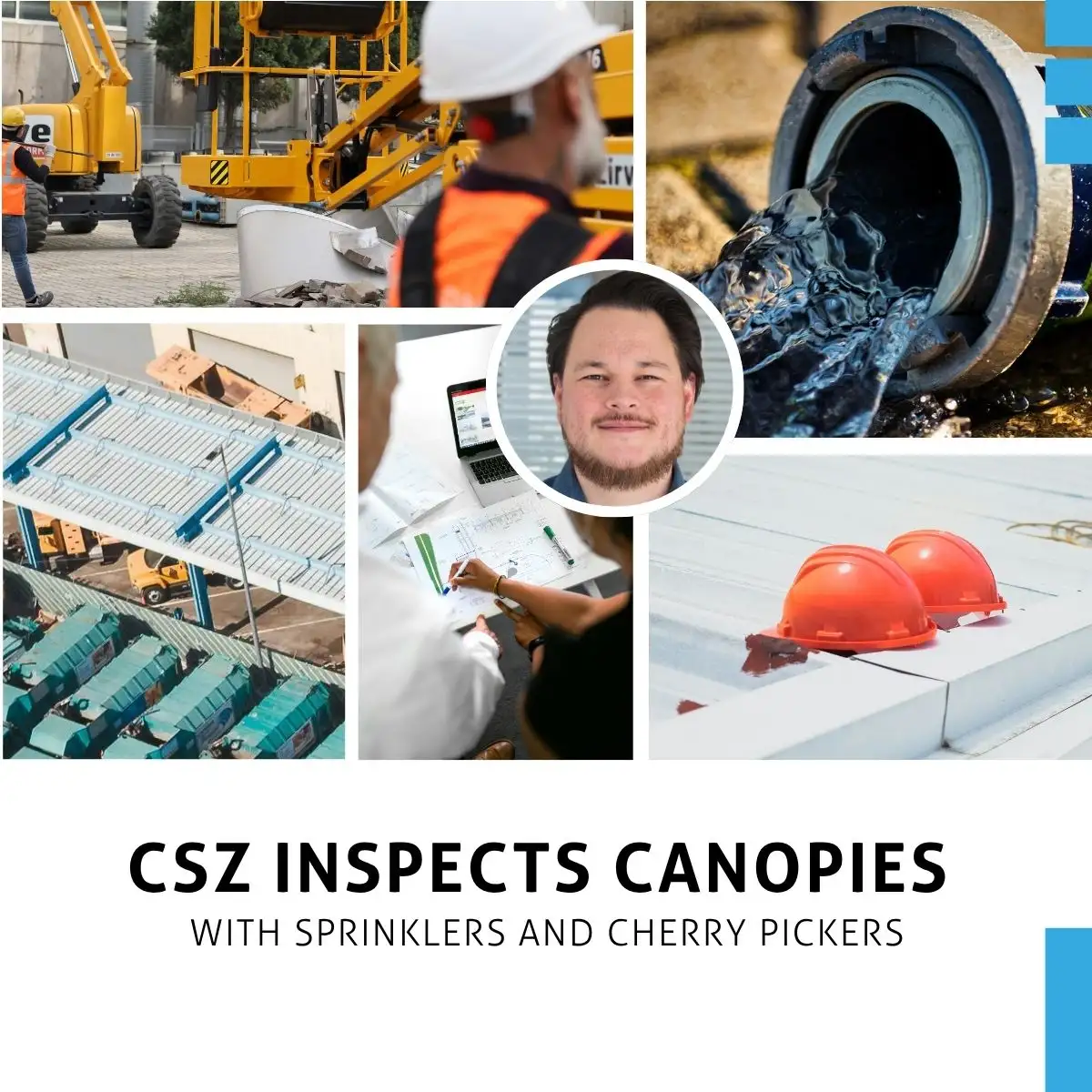 Interview mit Karten Dobner, CSZ, Projektleiter im konstruktiven Ingenieurbau, vor dem Hintergrund von Vordächern, Feuerwehrschläuchen, Hubsteiger und Bauplänen