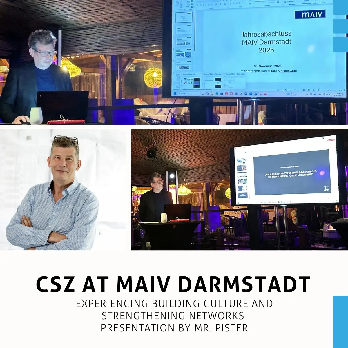 Als Neumitglied präsentierte Herr Pister, CSZ-Leitender Ingenieur Konstruktiver Ingenieurbau, beim Jahresabschluss des MAIV-Darmstadt aktuelle neue Projekte