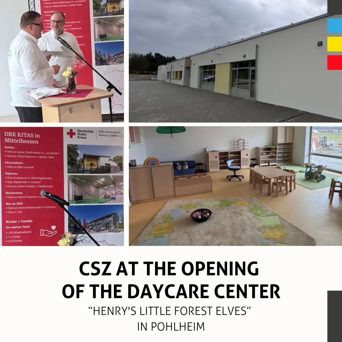The Henry's Little Forest Elves daycare center opened in Pohlheim. The sustainable timber construction offers space for 125 children. CSZ was responsible for structural engineering, building physics, and fire protection. Ein Bildungsprojekt für Pohlheim: CSZ feiert mit der Eröffnung der Kita „Henrys kleine Waldwichtel“.Mit der symbolischen Schlüsselübergabe durch Bürgermeister Andreas Ruck an den Vorstandsvorsitzenden des DRK-Kreisverbands Marburg-Gießen, Christian Betz, wurde die Kita offiziell eröffnet.