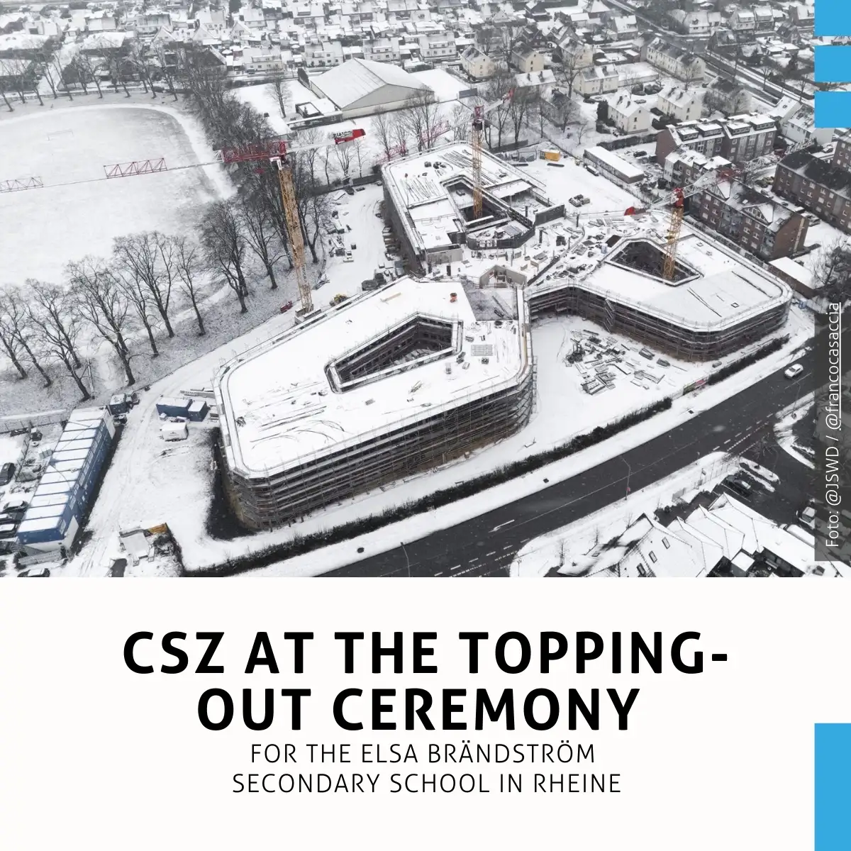 CSZ beim Richtfest der Elsa-Brändström-Realschule in Rheine. Der Neubau auf dem Gelände am Emslandstadion umfasst eine sechszügige Realschule mit Dreifachsporthalle und nimmt mit seiner charakteristischen blütenförmigen Architektur weiter Gestalt an.